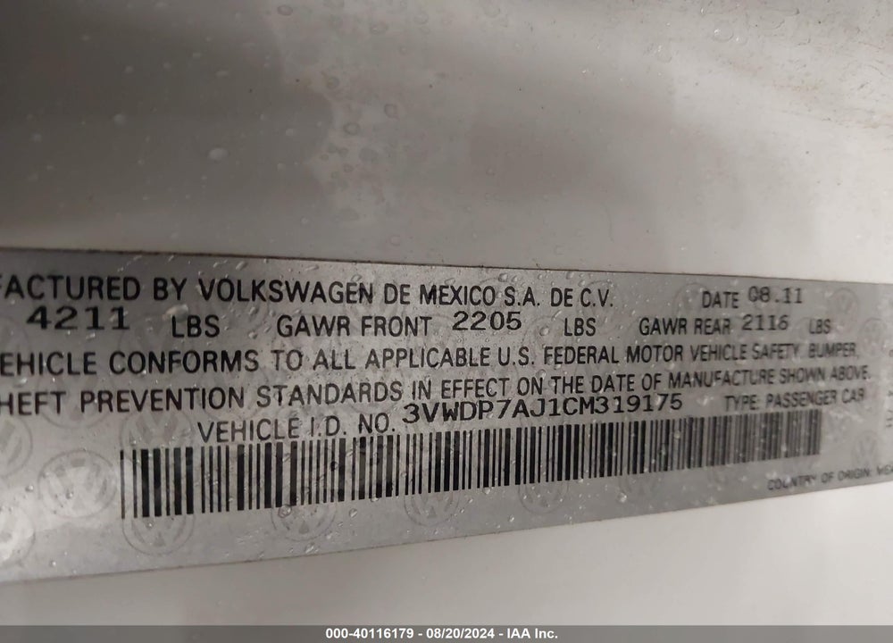 2012 VOLKSWAGEN JETTA VIN: 3VWDP7AJ1CM319175