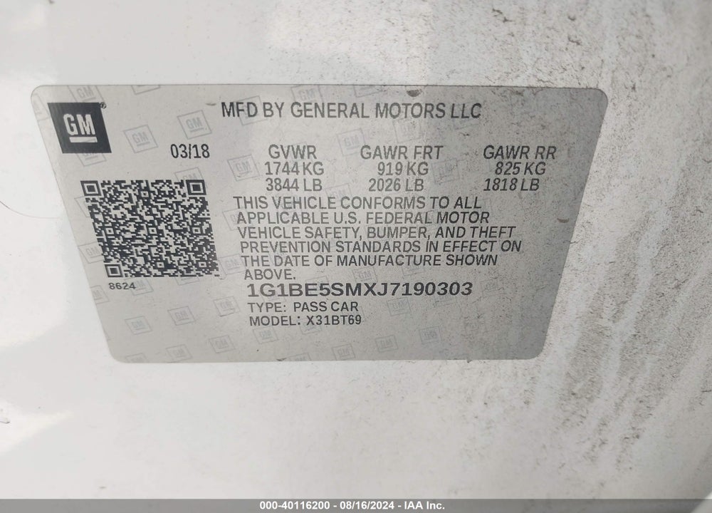 2018 CHEVROLET CRUZE LT AUTO VIN: 1G1BE5SMXJ7190303