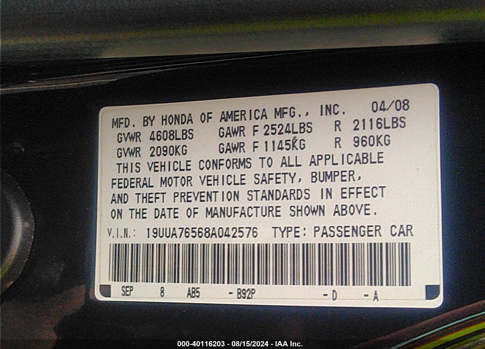 2008 ACURA TL TYPE S VIN: 19UUA76568A042576