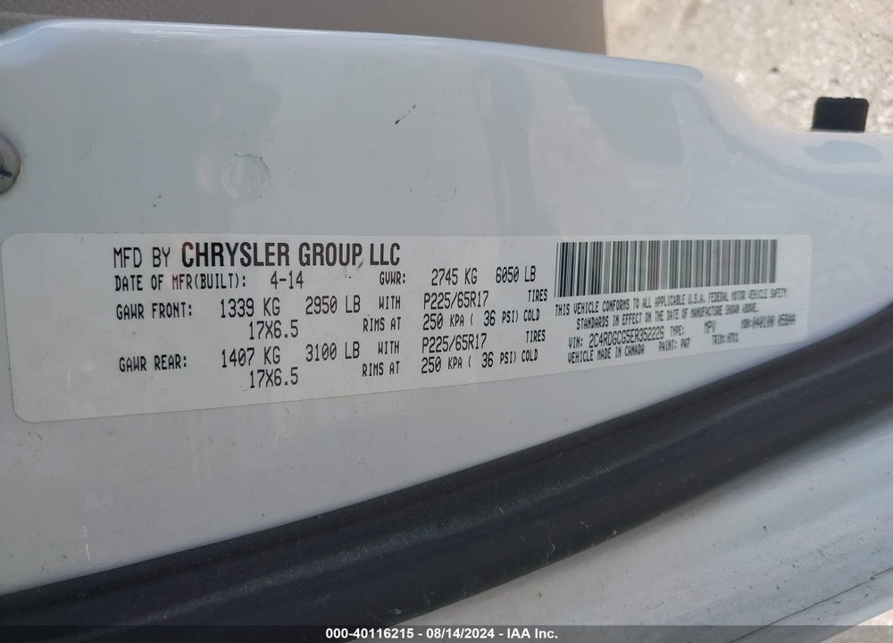 2014 DODGE GRAND CARAVAN SXT VIN: 2C4RDGCG5ER352226