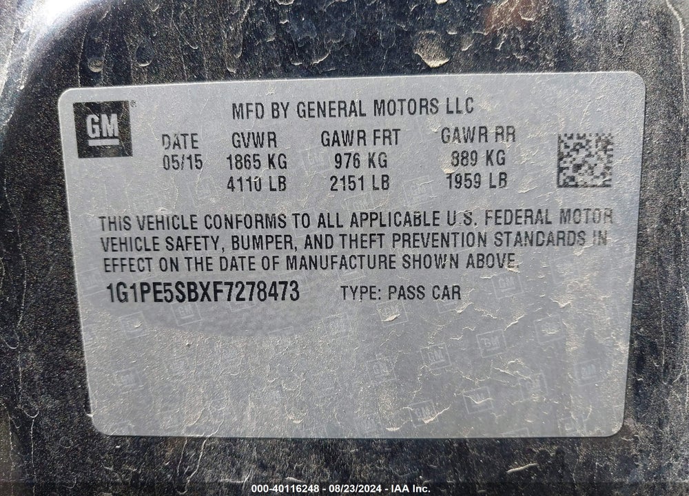 2015 CHEVROLET CRUZE 2LT AUTO VIN: 1G1PE5SBXF7278473