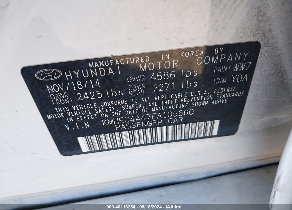 2015 HYUNDAI SONATA HYBRID VIN: KMHEC4A47FA135660