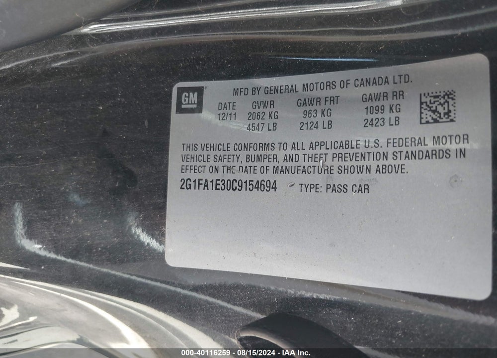 2012 CHEVROLET CAMARO 2LS VIN: 2G1FA1E30C9154694