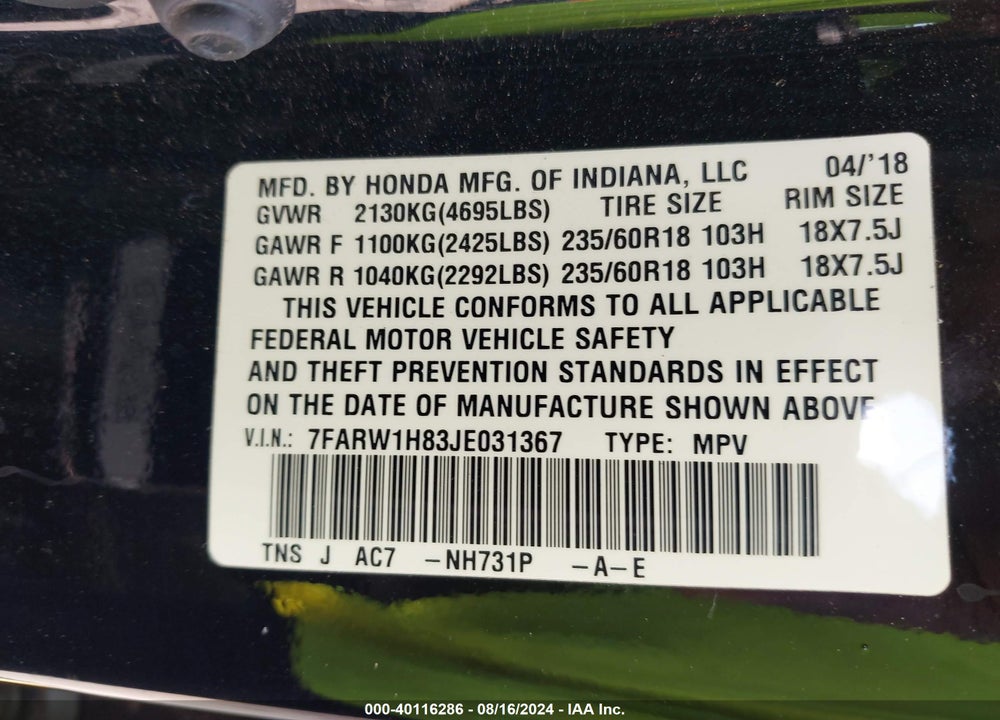2018 HONDA CR-V EX-L/EX-L NAVI VIN: 7FARW1H83JE031367