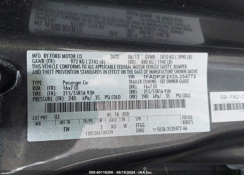 2013 FORD FOCUS SE VIN: 1FADP3F2XDL354772