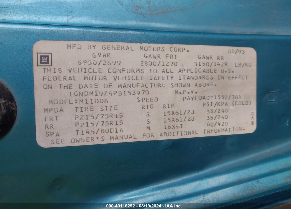 1993 CHEVROLET ASTRO VIN: 1GNDM19Z4PB153970