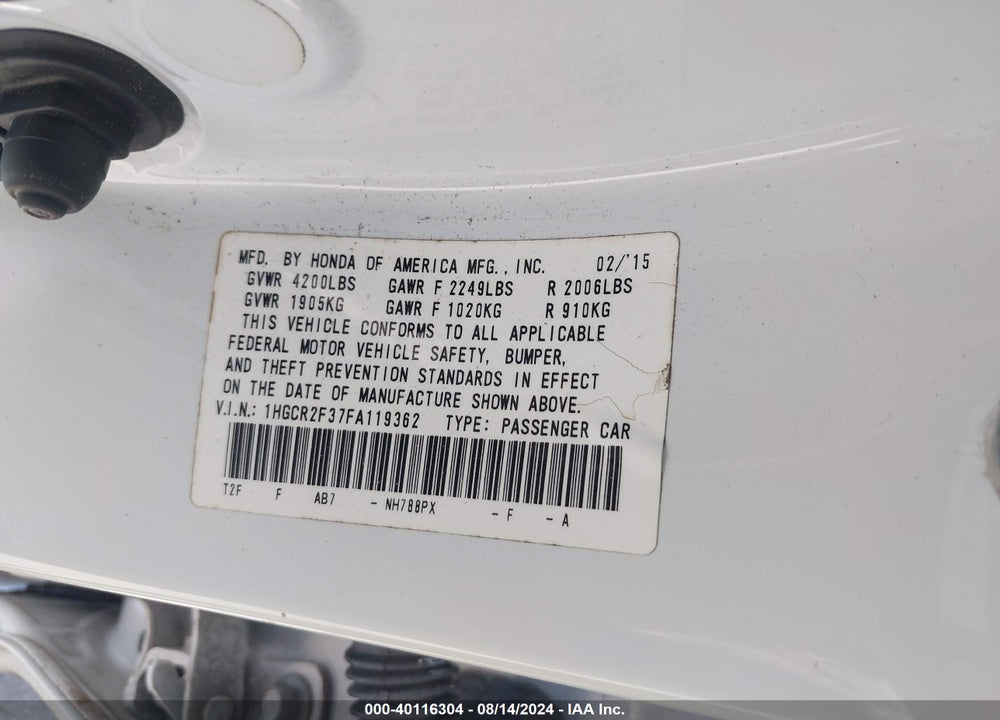 2015 HONDA ACCORD LX VIN: 1HGCR2F37FA119362