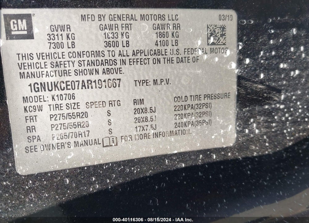 2010 CHEVROLET TAHOE LTZ VIN: 1GNUKCE07AR191667
