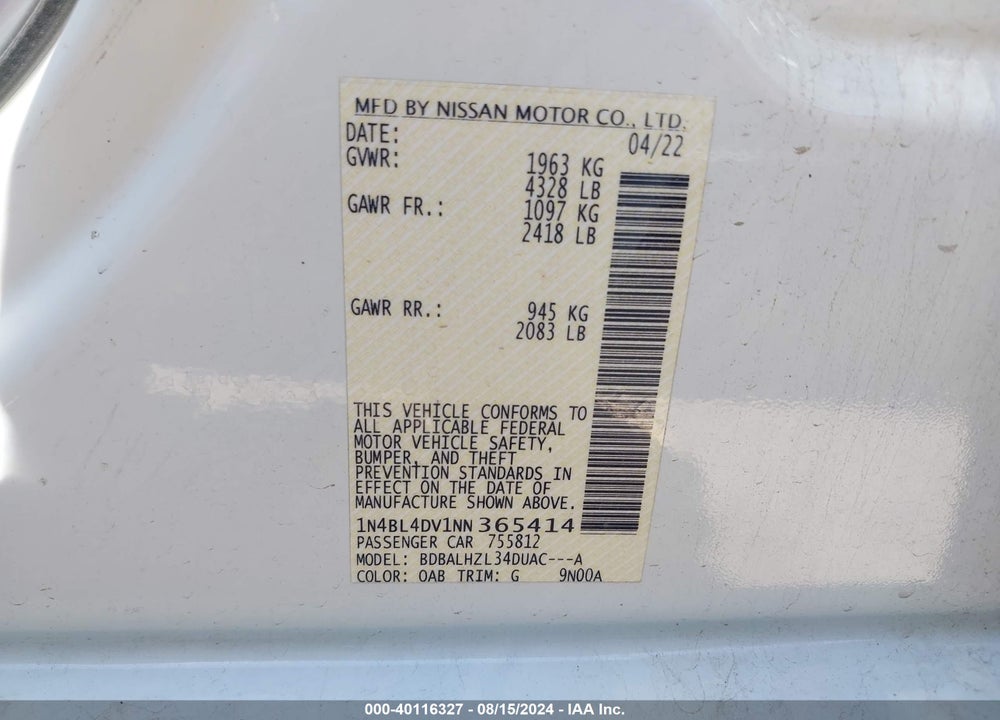 2022 NISSAN ALTIMA SV FWD VIN: 1N4BL4DV1NN365414