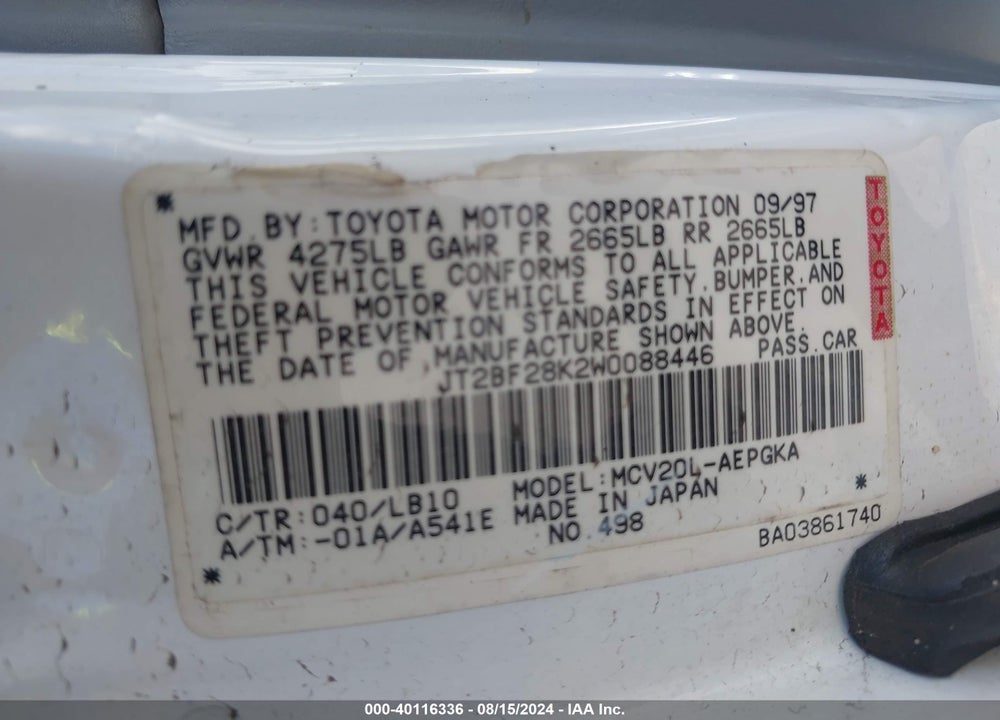 1998 TOYOTA CAMRY LE V6/XLE V6 VIN: JT2BF28K2W0088446