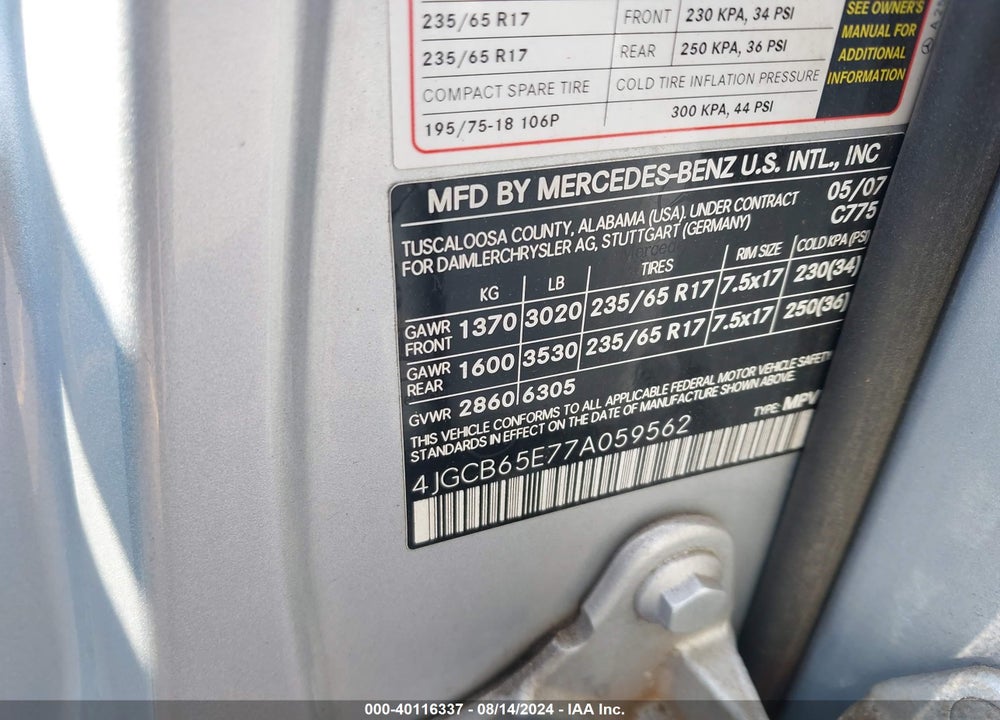 2007 MERCEDES-BENZ R 350 4MATIC VIN: 4JGCB65E77A059562