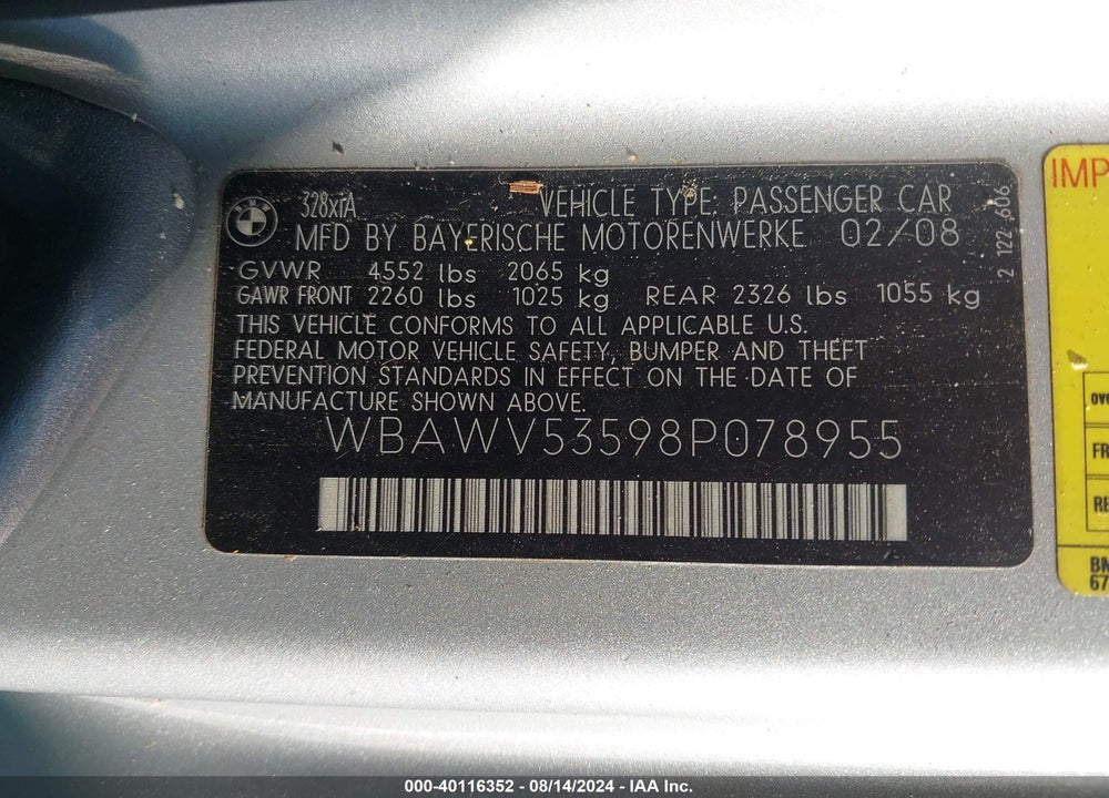 2008 BMW 328XI VIN: WBAWV53598P078955