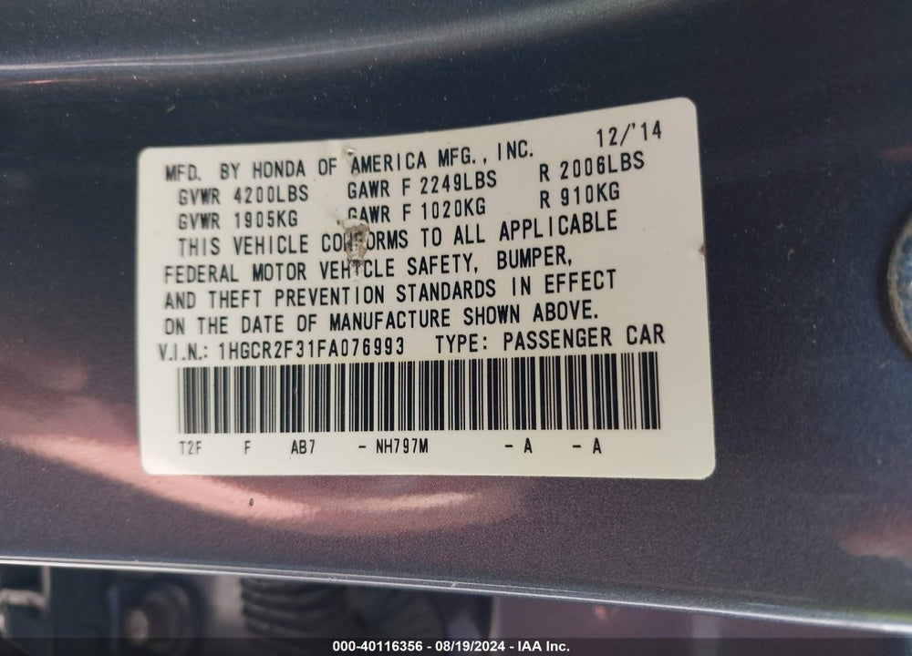 2015 HONDA ACCORD LX VIN: 1HGCR2F31FA076993