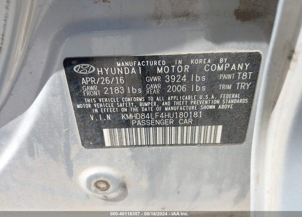 2017 HYUNDAI ELANTRA LIMITED VIN: KMHD84LF4HU180181