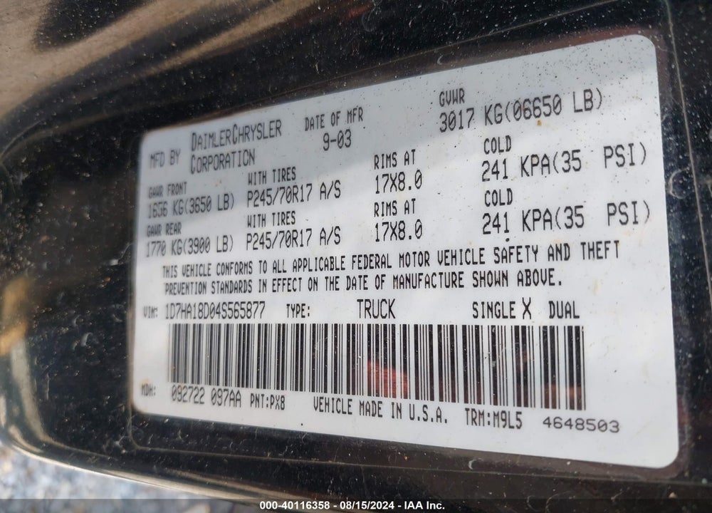 2004 DODGE RAM 1500 SLT/LARAMIE VIN: 1D7HA18D04S565877