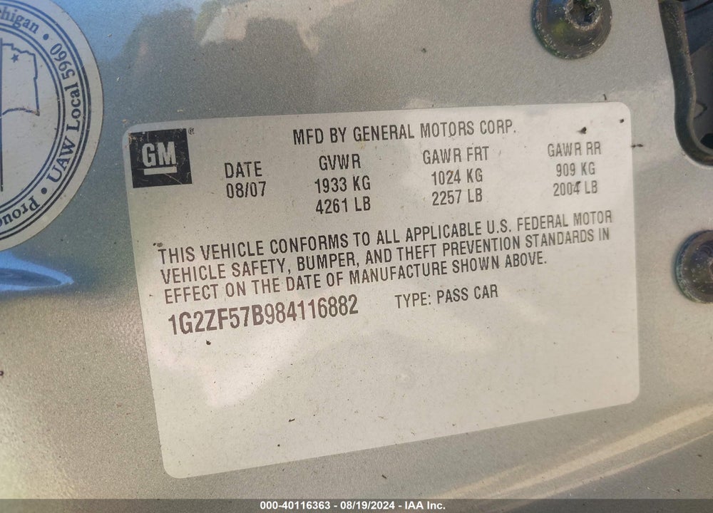 2008 PONTIAC G6 VALUE LEADER VIN: 1G2ZF57B984116882