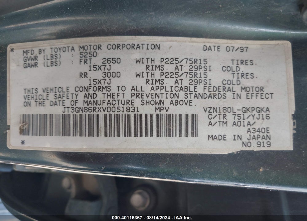 1997 TOYOTA 4RUNNER SR5 V6 VIN: JT3GN86RXV0051831