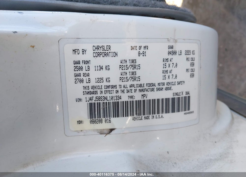 1992 JEEP CHEROKEE LAREDO VIN: 1J4FJ58S3NL101334