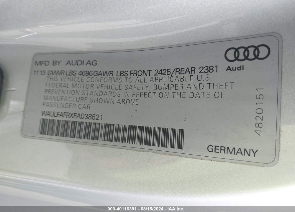 2014 AUDI A5 2.0T PREMIUM VIN: WAULFAFRXEA038521