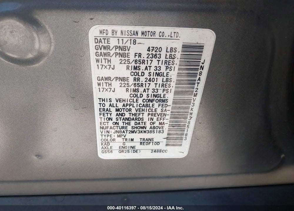 2019 NISSAN ROGUE SV VIN: JN8AT2MV3KW385183