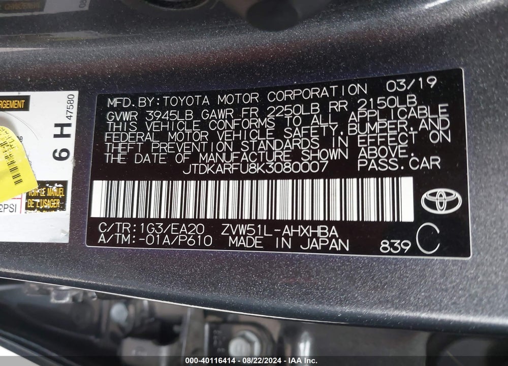 2019 TOYOTA PRIUS XLE VIN: JTDKARFU8K3080007