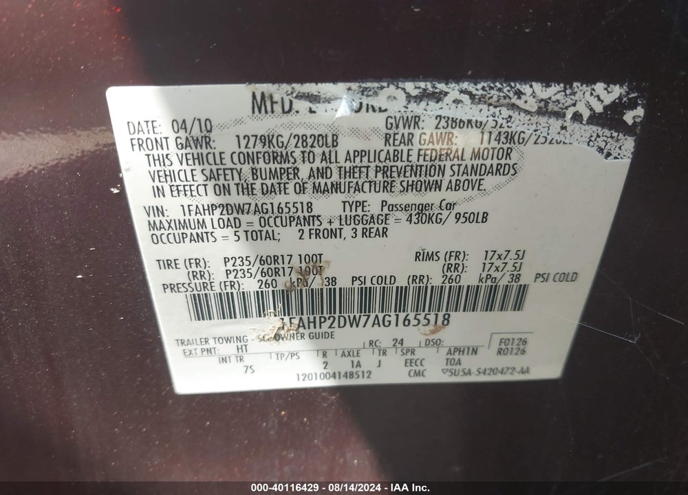 2010 FORD TAURUS SE VIN: 1FAHP2DW7AG165518