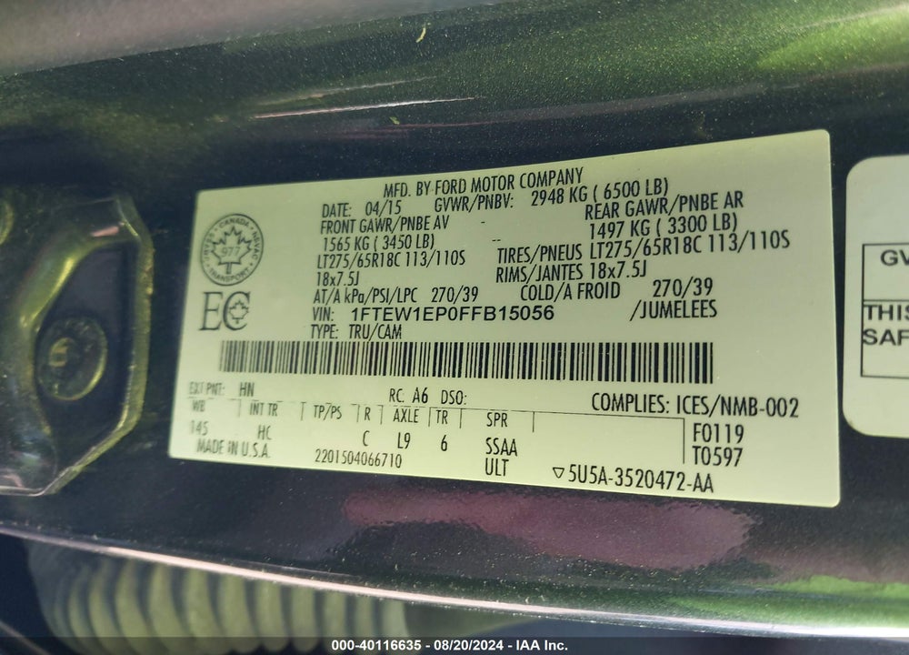 2015 FORD F-150 LARIAT/XL/XLT VIN: 1FTEW1EP0FFB15056