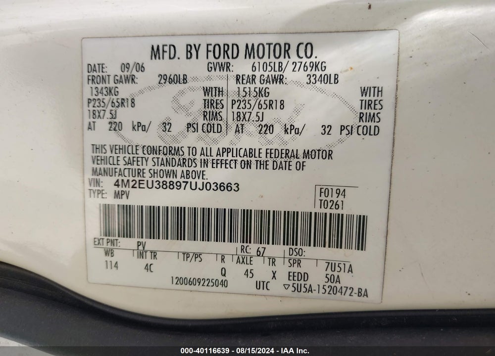 2007 MERCURY MOUNTAINEER VIN: 4M2EU38897UJ03663