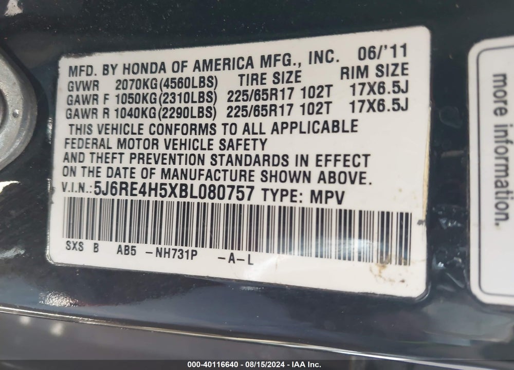 2011 HONDA CR-V EX VIN: 5J6RE4H5XBL080757
