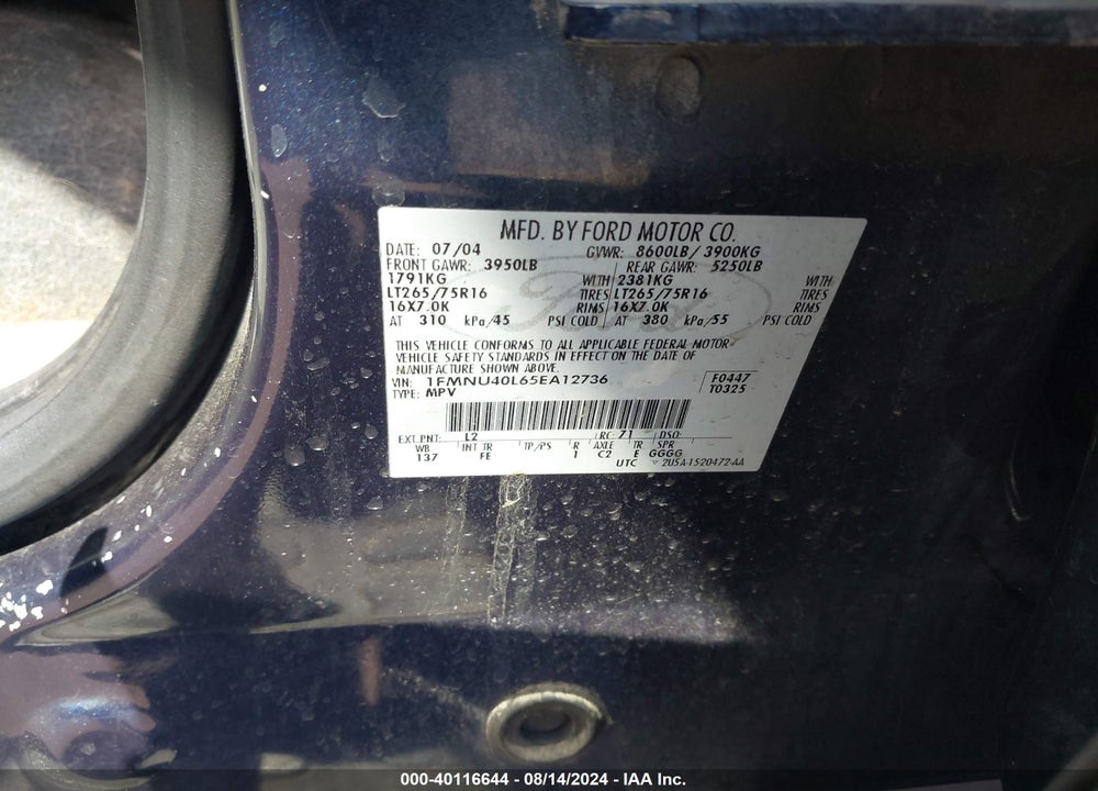 2005 FORD EXCURSION XLS/XLT VIN: 1FMNU40L65EA12736