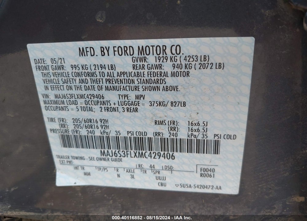 2021 FORD ECOSPORT S VIN: MAJ6S3FLXMC429406