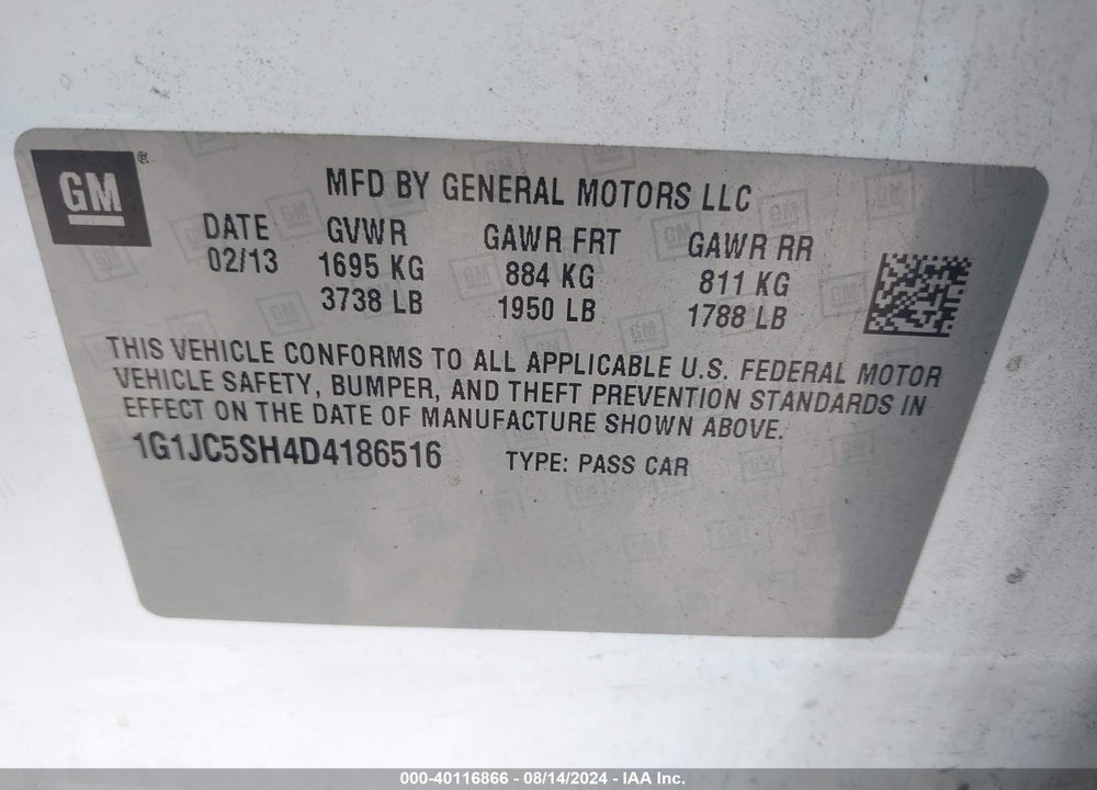 2013 CHEVROLET SONIC LT AUTO VIN: 1G1JC5SH4D4186516