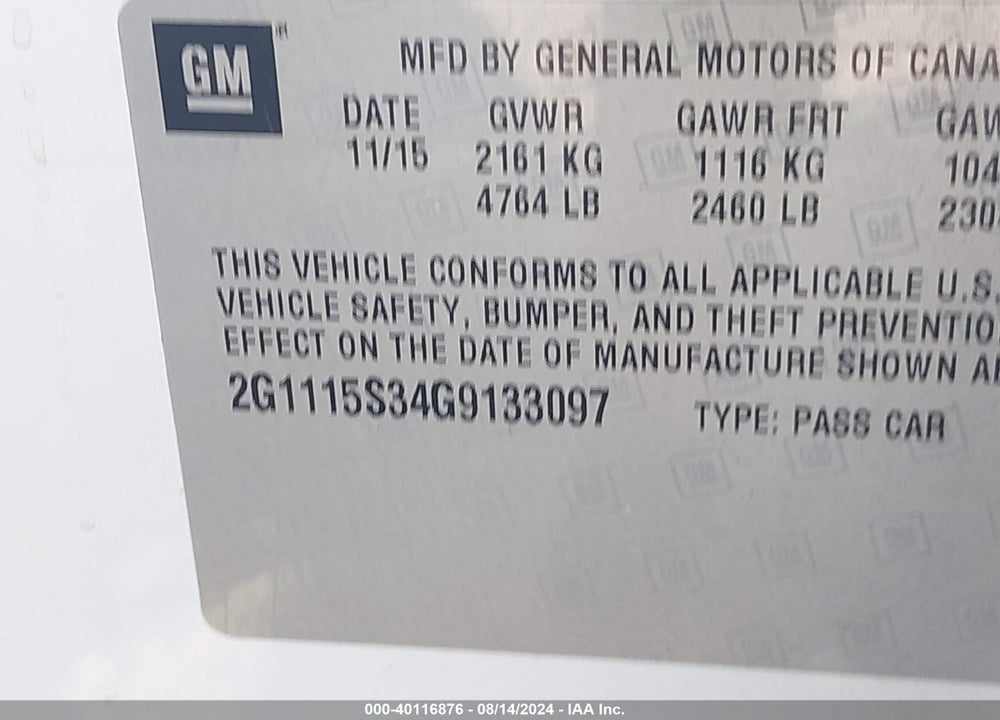 2016 CHEVROLET IMPALA 2LT VIN: 2G1115S34G9133097