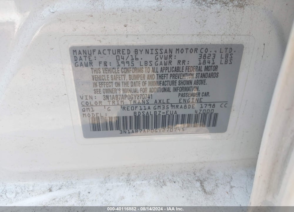 2016 NISSAN SENTRA FE+ S/S/SL/SR/SV VIN: 3N1AB7AP0GY270741