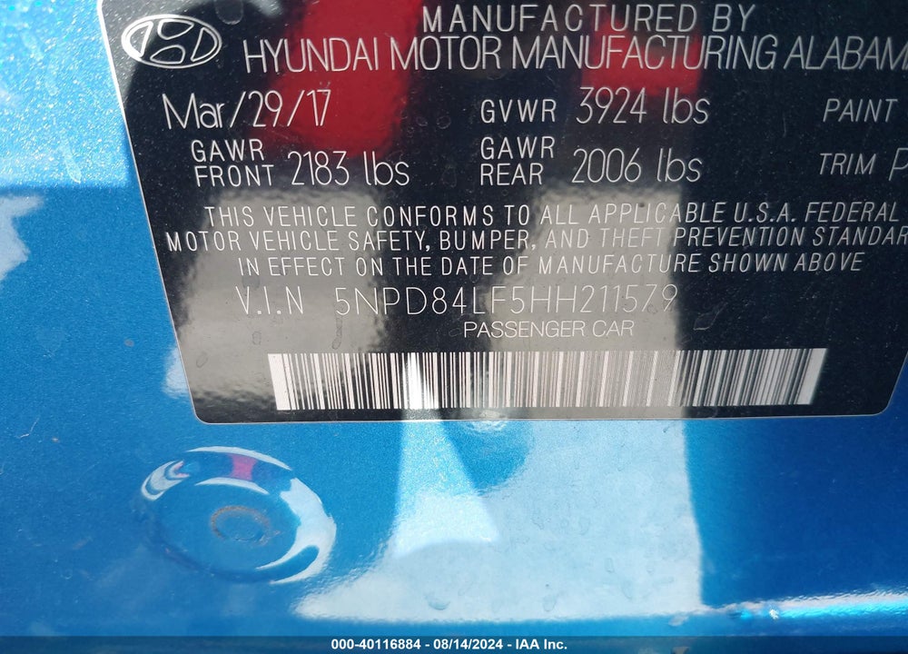 2017 HYUNDAI ELANTRA SE VIN: 5NPD84LF5HH211579