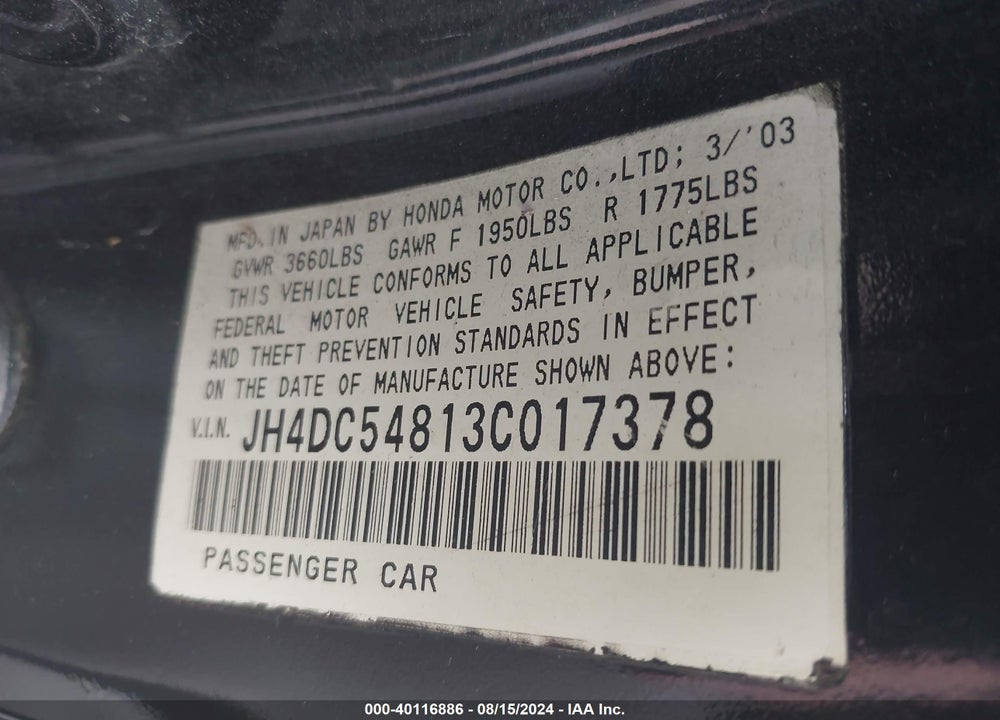 2003 ACURA RSX VIN: JH4DC54813C017378