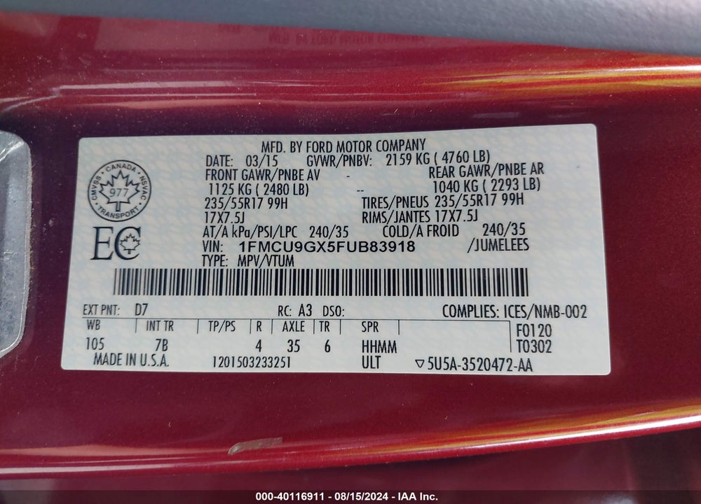 2015 FORD ESCAPE SE VIN: 1FMCU9GX5FUB83918
