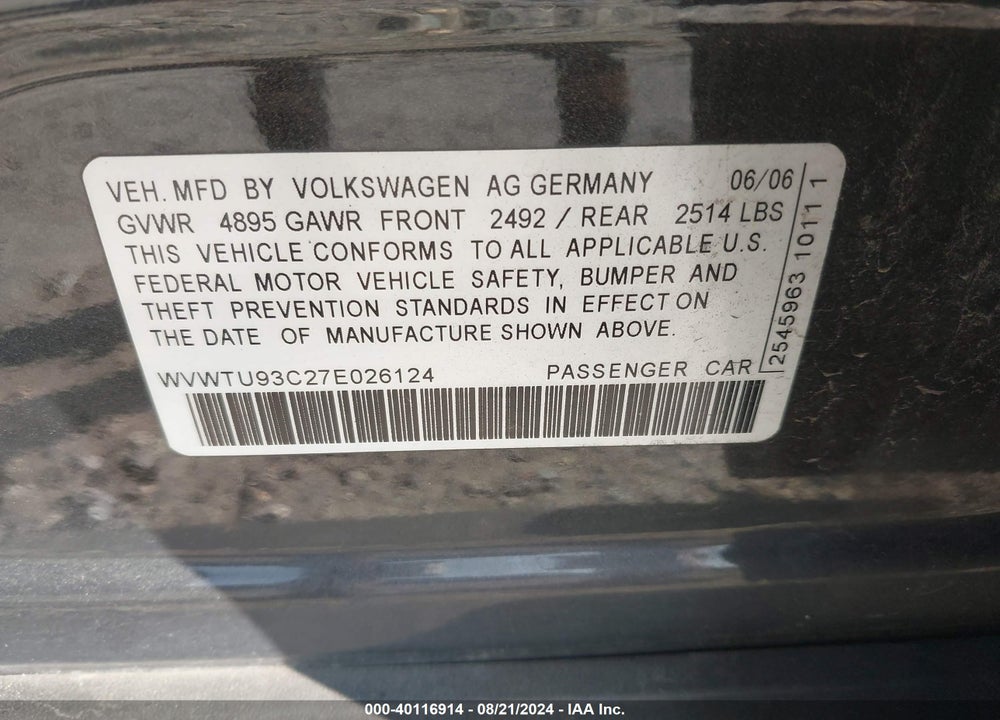 2007 VOLKSWAGEN PASSAT 3.6 VIN: WVWTU93C27E026124