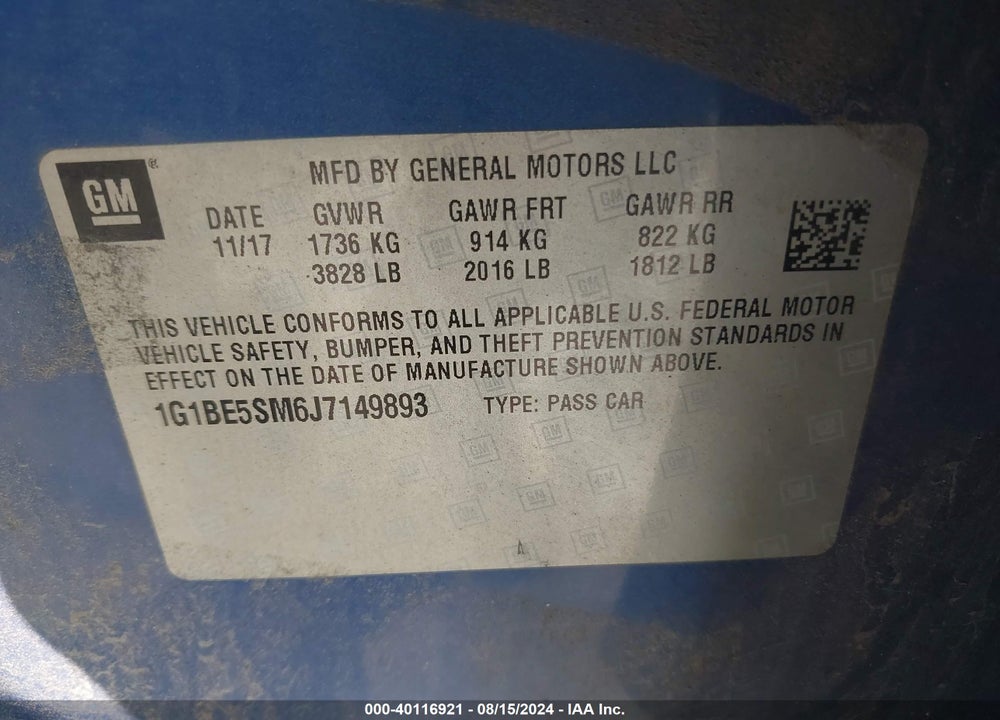 2018 CHEVROLET CRUZE LT AUTO VIN: 1G1BE5SM6J7149893