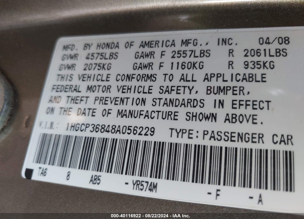 2008 HONDA ACCORD 3.5 EX-L VIN: 1HGCP36848A056229