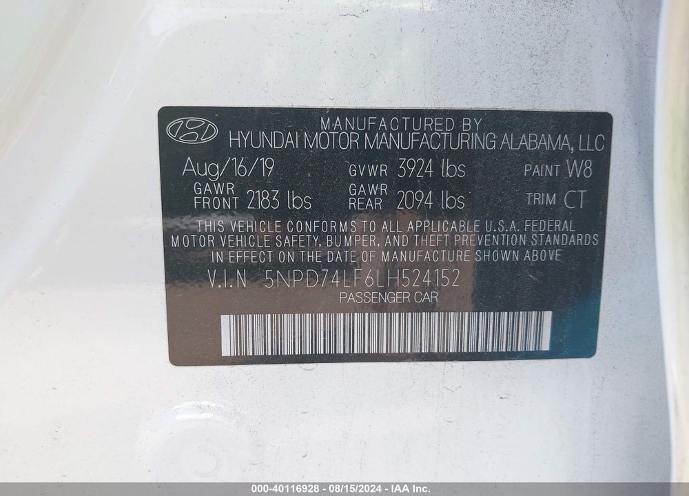 2020 HYUNDAI ELANTRA SE VIN: 5NPD74LF6LH524152