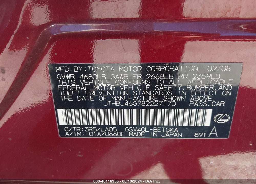 2008 LEXUS ES 350 VIN: JTHBJ46G782227170