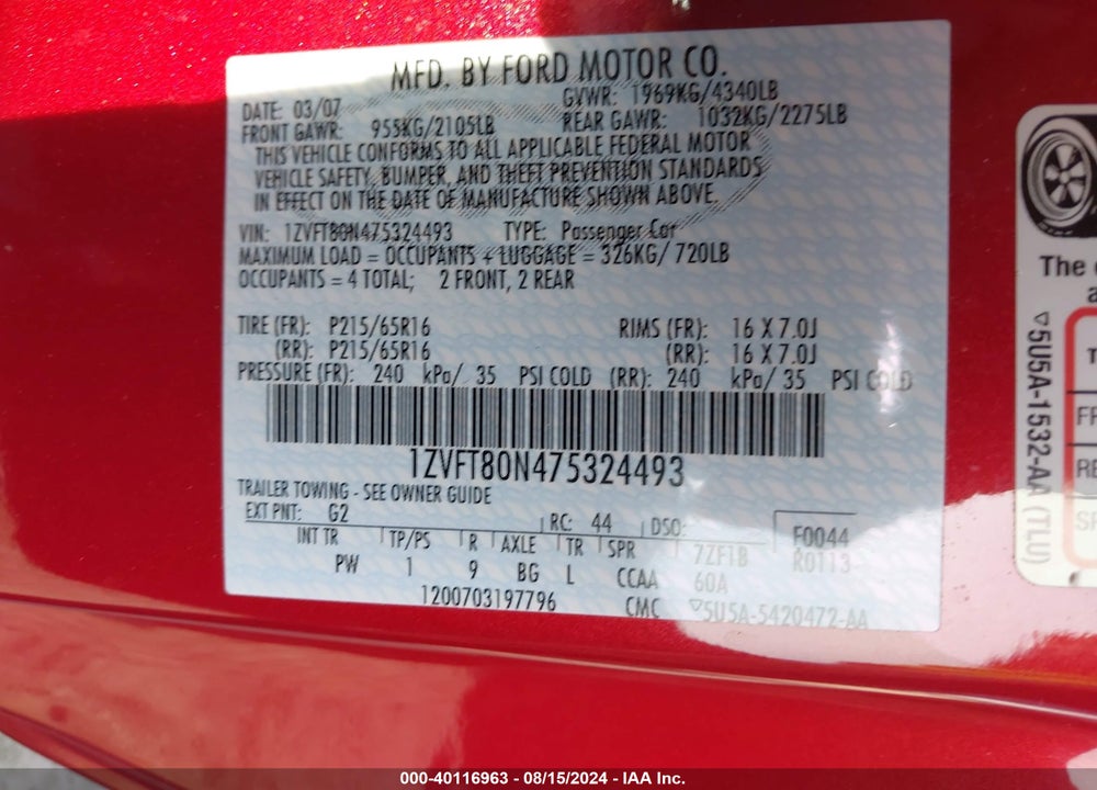 2007 FORD MUSTANG V6 DELUXE/V6 PREMIUM VIN: 1ZVFT80N475324493
