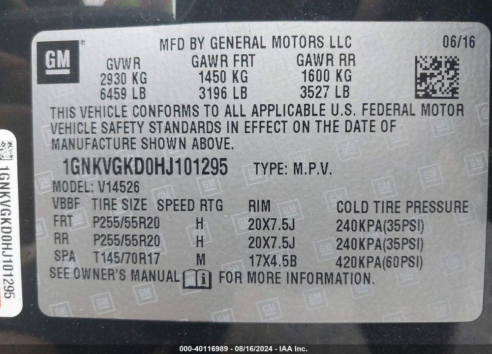 2017 CHEVROLET TRAVERSE 1LT VIN: 1GNKVGKD0HJ101295