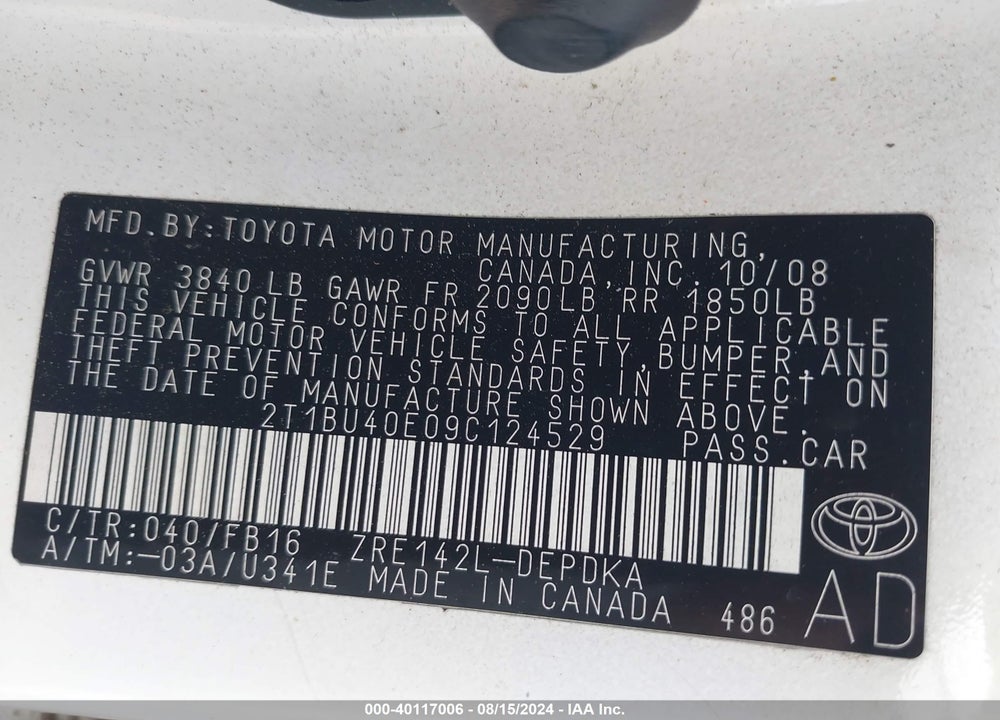 2009 TOYOTA COROLLA LE VIN: 2T1BU40E09C124529