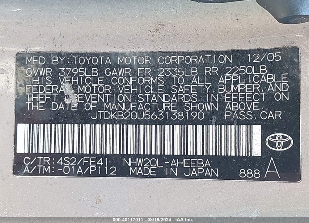 2006 TOYOTA PRIUS VIN: JTDKB20U563138190