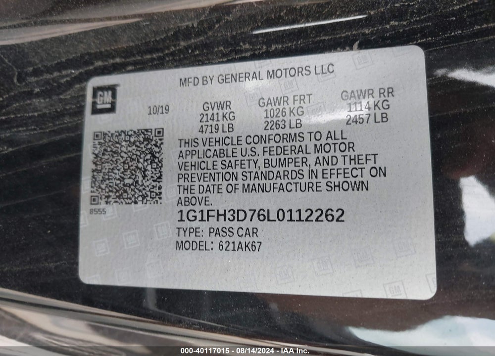 2020 CHEVROLET CAMARO RWD 2SS VIN: 1G1FH3D76L0112262