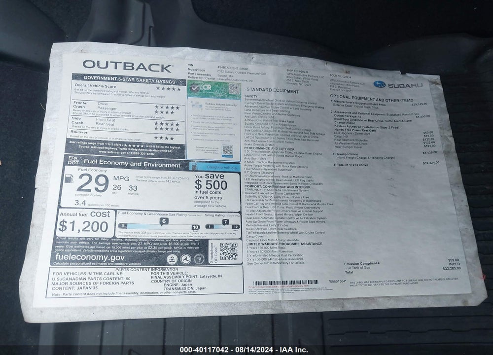 2022 SUBARU OUTBACK PREMIUM VIN: 4S4BTADC6N3135690
