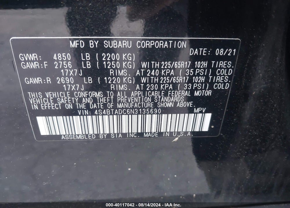 2022 SUBARU OUTBACK PREMIUM VIN: 4S4BTADC6N3135690