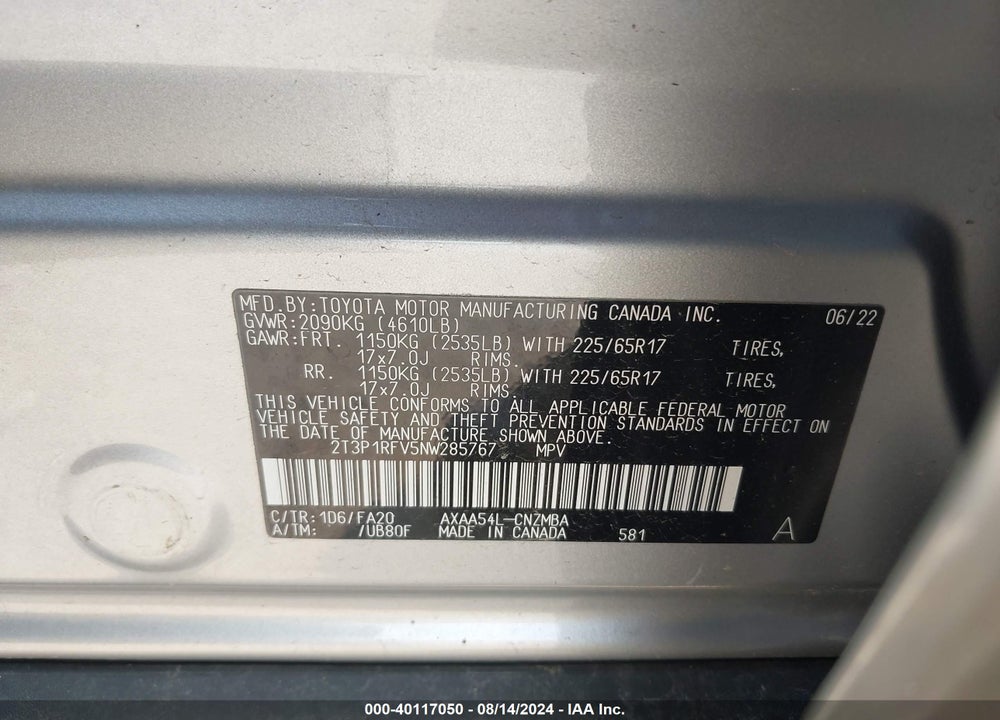 2022 TOYOTA RAV4 XLE VIN: 2T3P1RFV5NW285767